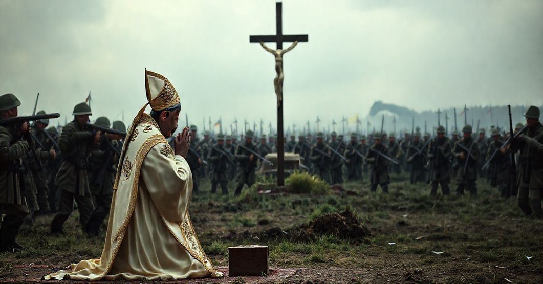 Prawdziwy katolicki kapłan w pelnym stroju liturgicznym modli się przed krzyżem z tłem bitwy na tle ukraińskiej architektury kościelnej.