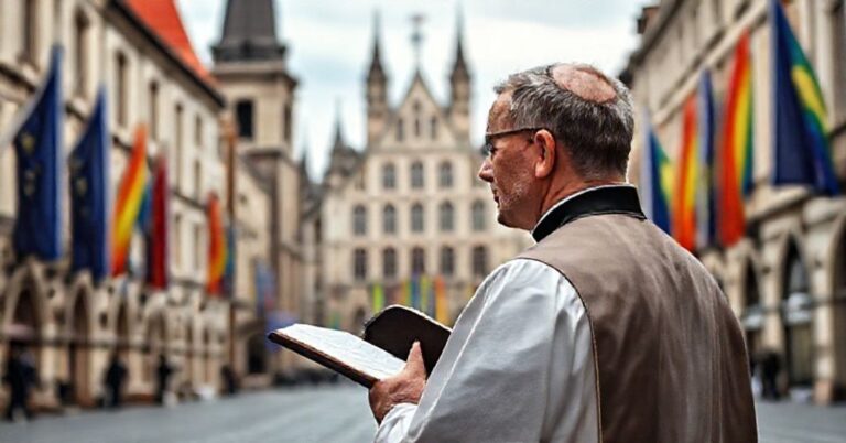 Sobór katolicki w Europejskim mieście z kapłanem w tradycyjnym stroju liturgicznym trzymającym Biblię na tle budynków UE z flagami tęczowymi