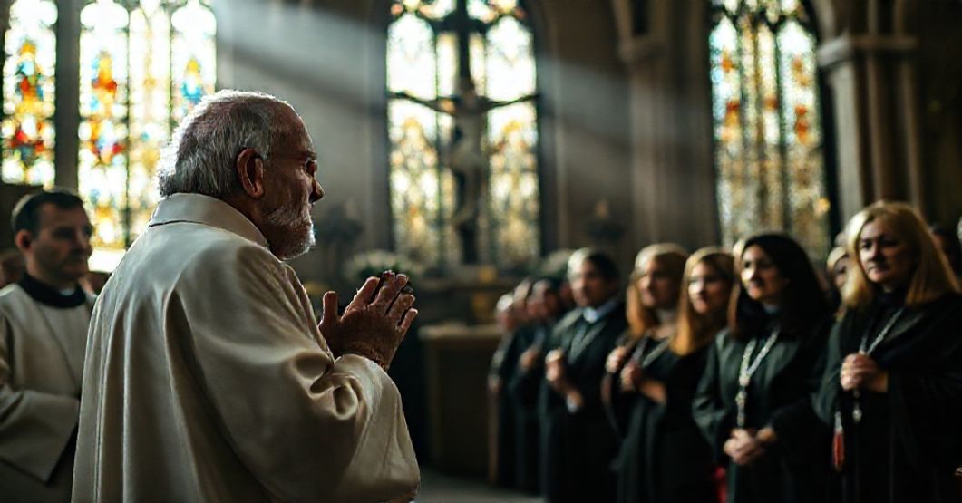 Stary kapłan w szatach liturgicznych modli się przed krzyżem w tradycyjnym kościele katolickim, otoczony wiernymi. Scena odzwierciedla głęboką refleksję nad sprawiedliwością i życiem chrześcijańskim.