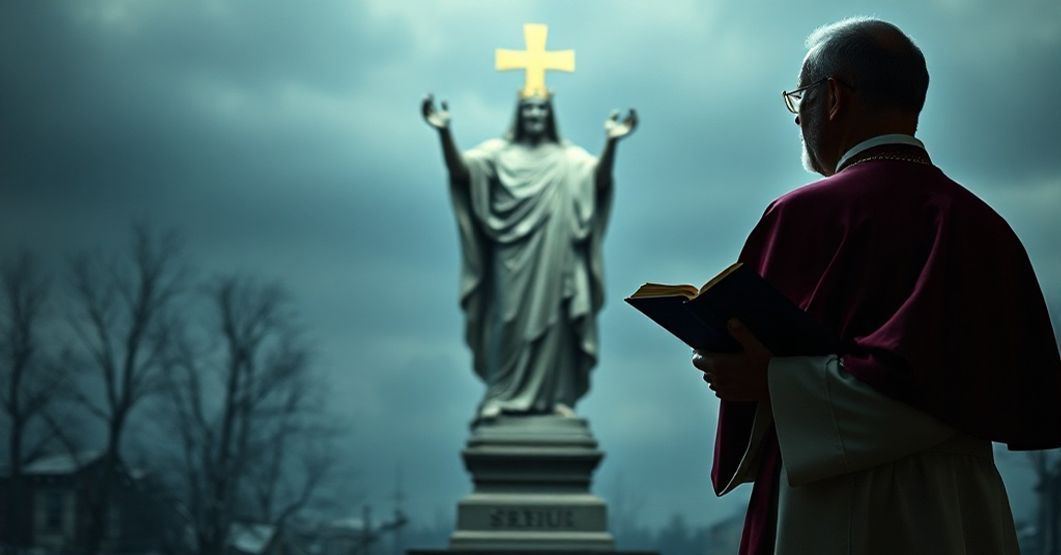 Kapłan w tradycyjnych szatach modulołowych stoi w modlitwie przed posągiem Chrystusa Króla, symbolełowiec duchowej walki z apostazją i świeckim pragmatyzmem politycznym.