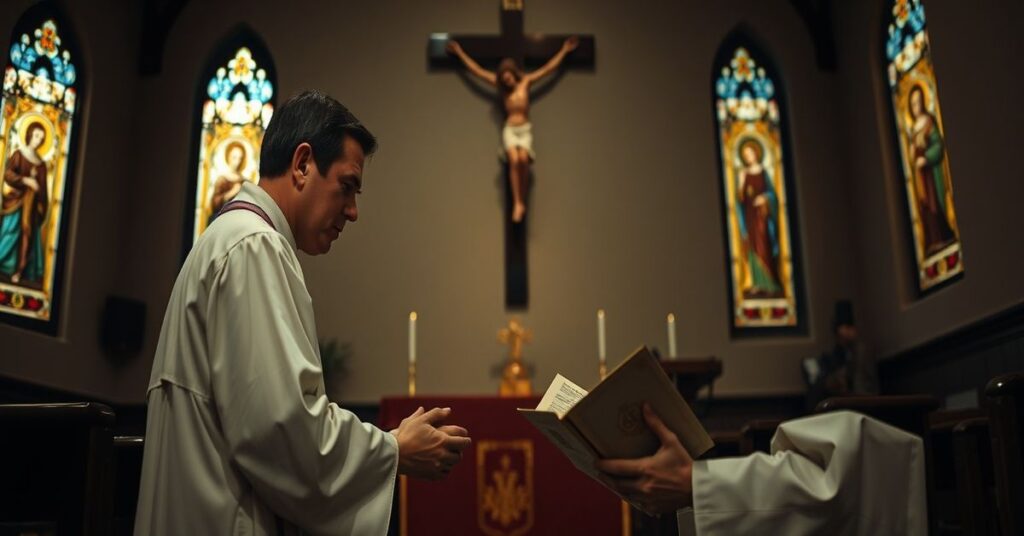 Tradycyjny katolicyjski kapłan modli się w kościele za ukraińskich uchodźców