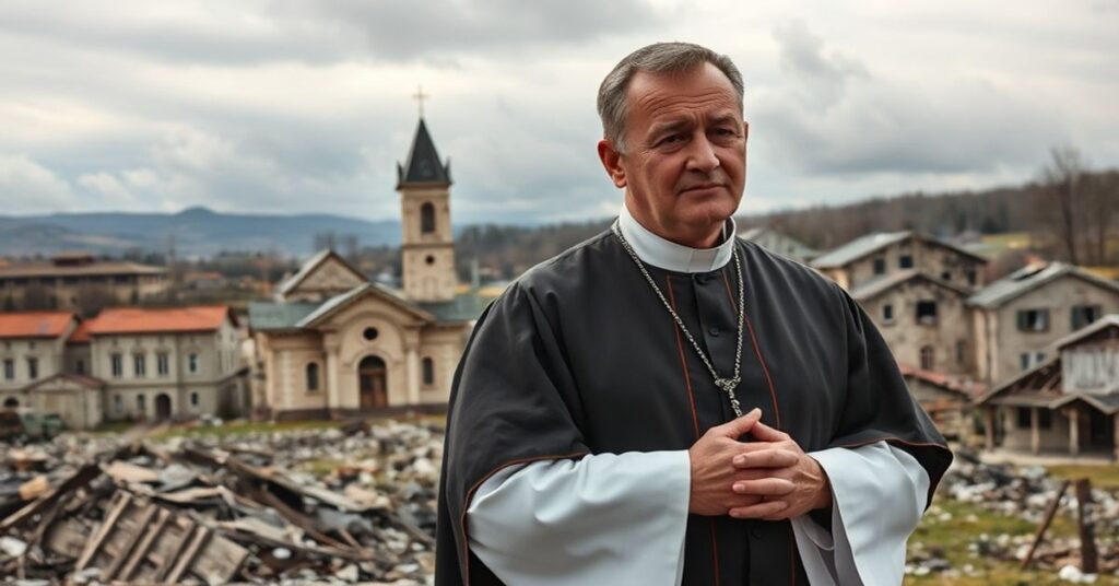 Sobieżny kapłan w tradycyjnych szatach modlący się przed zniszczoną ukraińską miejscowością z widocznymi ruinami kościoła i domów. Na tle widać pojazdy wojskowe i dym po bombardowaniach.