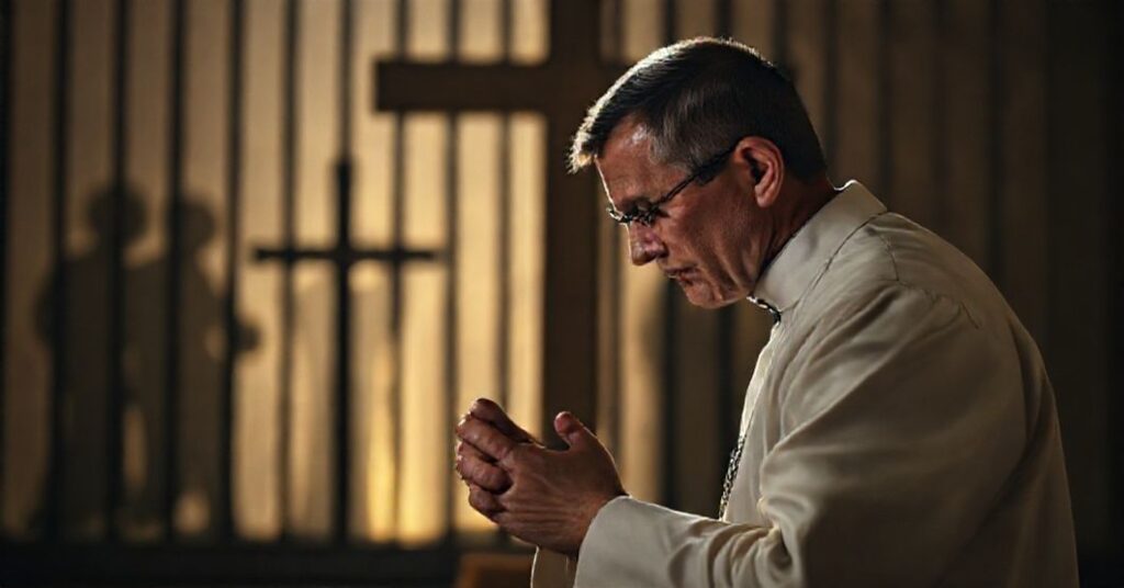 Prawosławny kapłan w tradycyjnych szatach modli się przed krzyżem w obecności więźniów symbolizujących zakładników