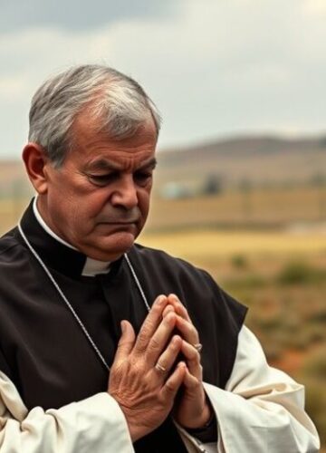 Kapłan modlący się w obliczu zagrożenia granicznego - obraz katolicki Rekolte katolickiego kapłana modlącego się w kontekście zagrożenia granicznego, symbolizujący duchową odpowiedzialność i patriotyzm.