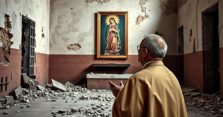 Kapłan modlący się przed obrazem Matki Bożej z zniszczonym szpitalem w Gazie w tle, scena refleksji religijnej i moralnego upadku