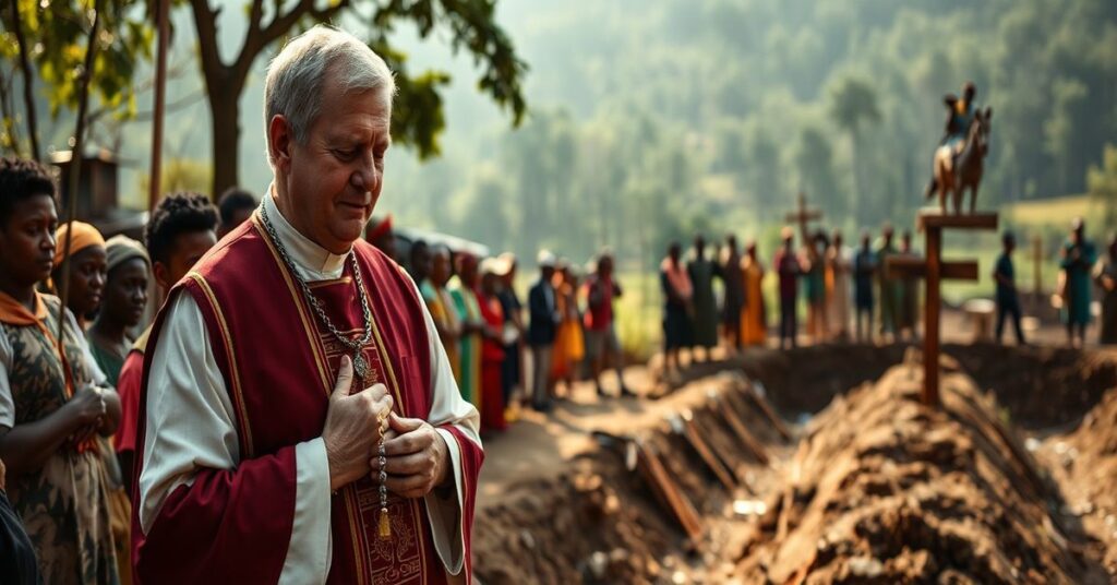 Kapłan katolicki w tradycyjnych szatach modliś się przed masowym grobem w Demokratycznej Republice Konga.