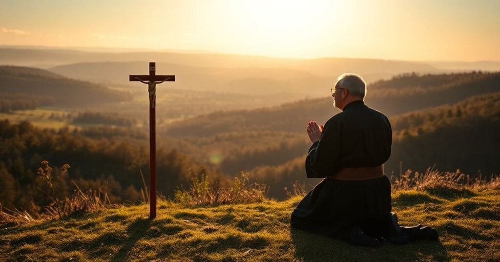 Kapłan katolicki modlący się przed krajobrazem Doliny Dolnej Odry, podkreślający sakralną opiekę nad stworzeniem jako dziełem Boga