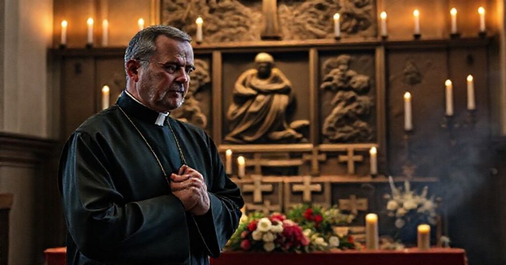 Kapłan w tradycyjnym ornacie modli się przed relikwiami męczenników w oślumionej kaplicy