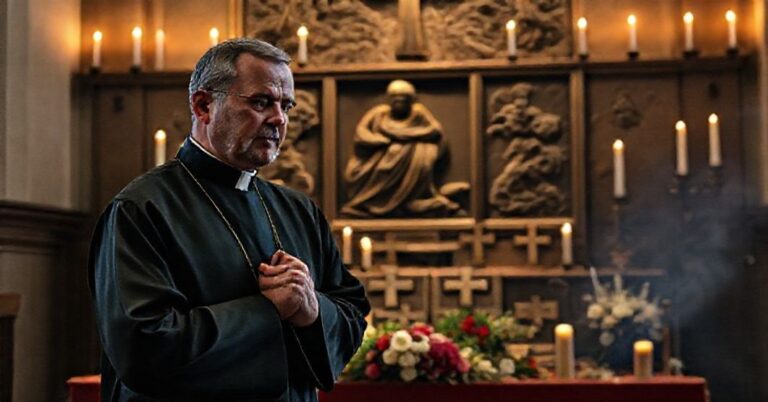 Kapłan w tradycyjnym ornacie modli się przed relikwiami męczenników w oślumionej kaplicy