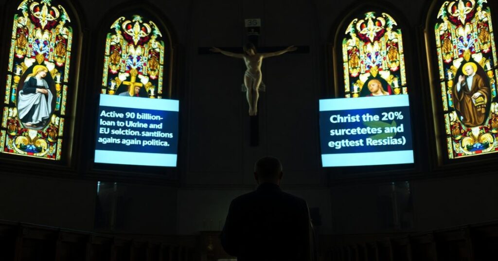 Kapłan katolicki w sutannie modli się przed krucyfiksem w ciemnym kościele, podczas gdy witraże prezentują informacje o pożyczce dla Ukrainy i sankcjach UE wobec Rosji.