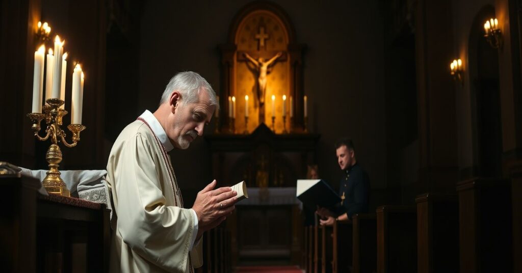 Tradycyjny kapłan modlący się przed tabernakulum w ciemnym kościele przy świetle świec