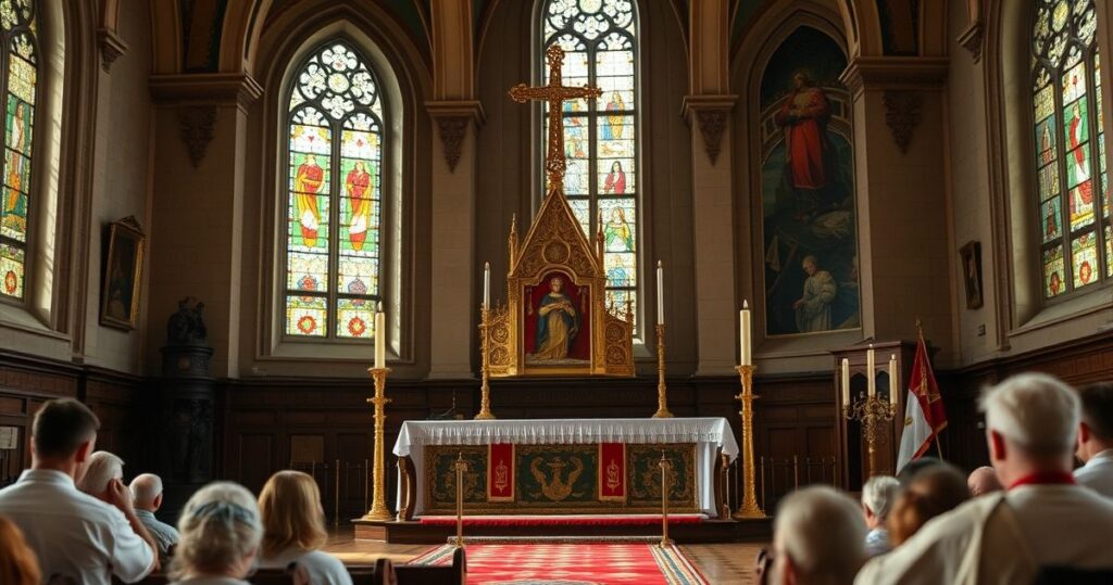 Katolicki kapłan w ornacie modlący się w kaplicy, symbolizujący duchową głębię i tradycję w obronie wiary