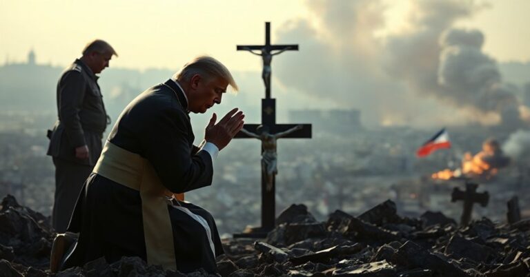 Kapłan katolicki modliący się w ruinach wojny symbolizujący moralny upadek nowoczesnej dyplomacji