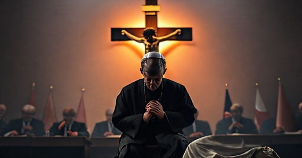 Tradycyjny kapłan modlący się przed krzyżem na tle sceny politycznej symbolizującej brak katolickiej etyki w stosunkach międzynarodowych.