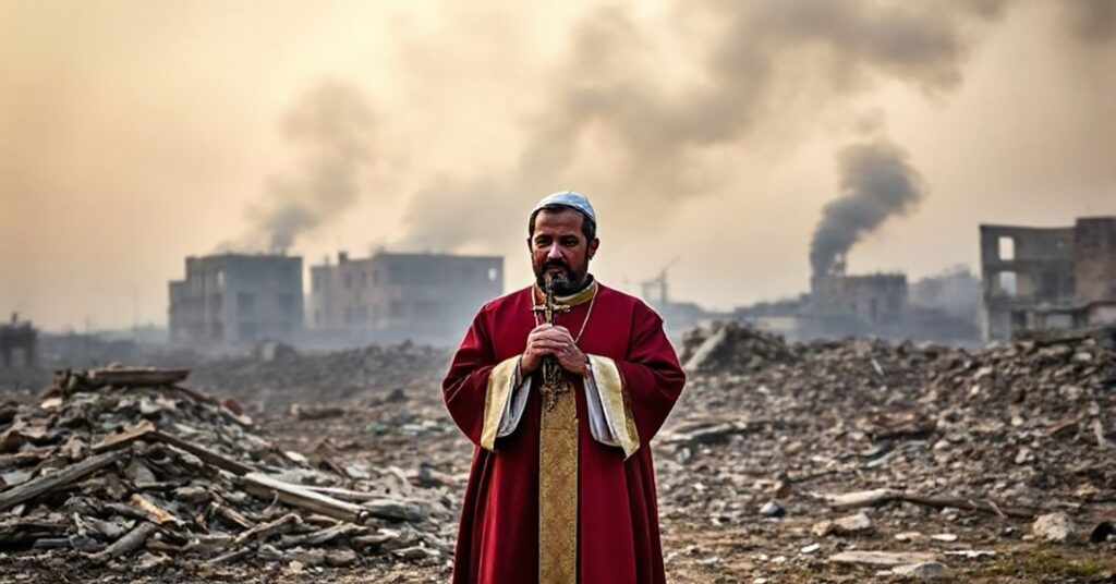 Katolicki kapłan w tradycyjnych szatach modliący się z krzyżem w rżem w zniszczonym krajobrazie wojennym.