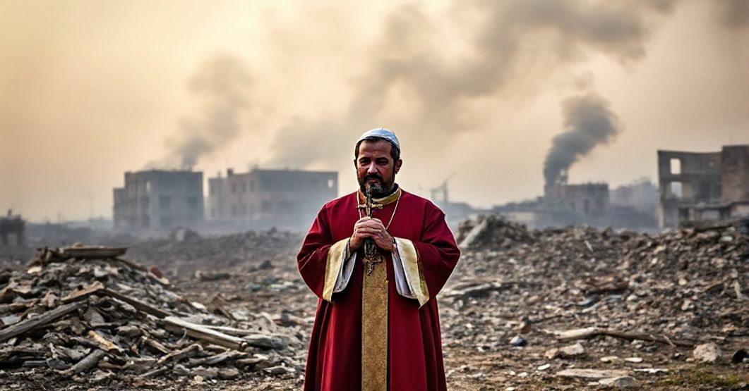 Katolicki kapłan w tradycyjnych szatach modliący się z krzyżem w rżem w zniszczonym krajobrazie wojennym.