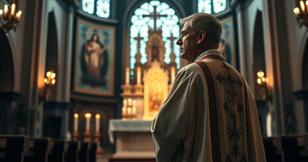 Kapłan w tradycyjnym stroju modlący się w katolickiej świątyni, symbol wiary i pokory