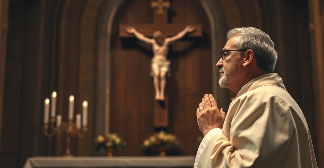 Kapłan katolicki w modlitwie przed krucyfiksem w kościele, symbolizujący wiarę i sprzeciw wobec sekularyzacji i apostazji