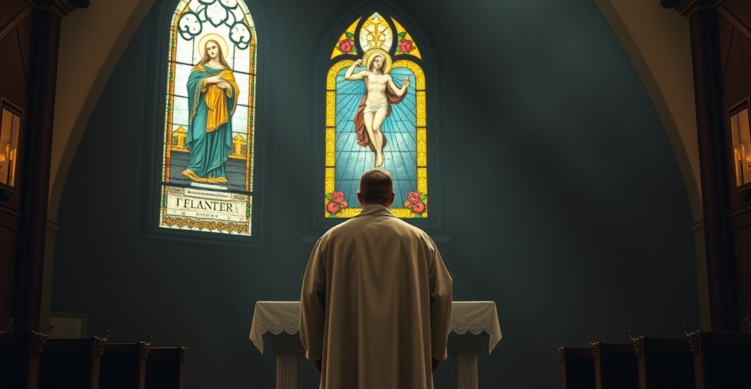 Rekonstrukcja kapłana w tradycyjnym stroju katolickim przed krucyfiksem, symbolizująca autentyczną wiarę w obliczu duchowej iluzji i modernistycznych zagrożeń