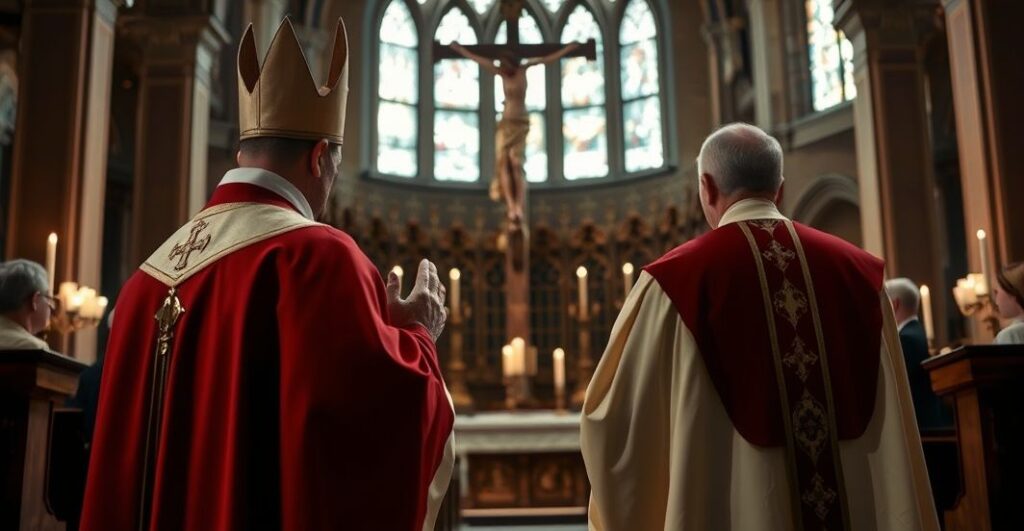Kapłan modlący się w kościele przed krucyfiksem, symbolizujący potrzebę powrotu do Królestwa Chrystusa w obliczu współczesnego chaosu sekularyzmu