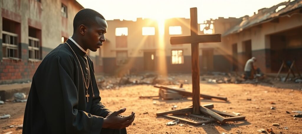 Kapłan modlący się przy krzyżu w zrujnowanej szkole w Lassa w Nigerii po ataku terrorystów Boko Haram