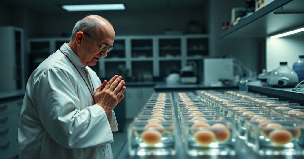 Klejnotowy kapelan modli się w czystym laboratorium z klonowanymi embrionami