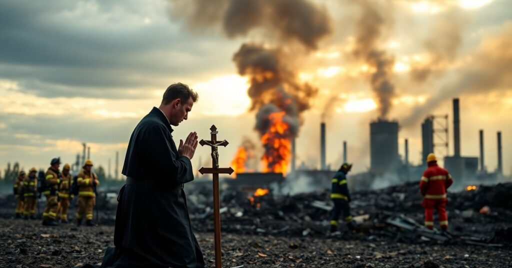 Kapłan modlący się przed płonącym składowiskiem odpadów w Chorzowie w kontekście duchowej refleksji nad katastrofą