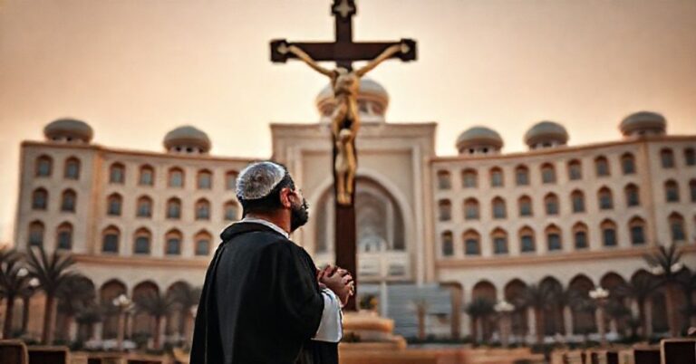 Katedralny kapłan w tradycyjnych szatach modli się przed krzyżem w pustyni Abu Zabi, symbolizując moralny protest przeciwko układom politycznym.