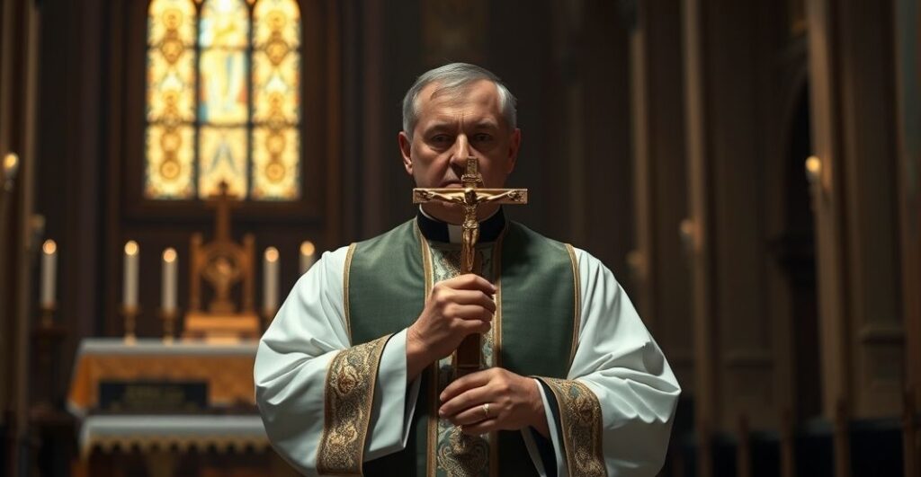 Kapłan w tradycyjnych szatach katolickich przed ołtarzem z krzyżem, wyraz powagi i modlitwy, symbolizujący moralną ocenę handlu dziećmi i odrzucenie nowoczesnych praktyk sprzecznych z nauką Kościoła.