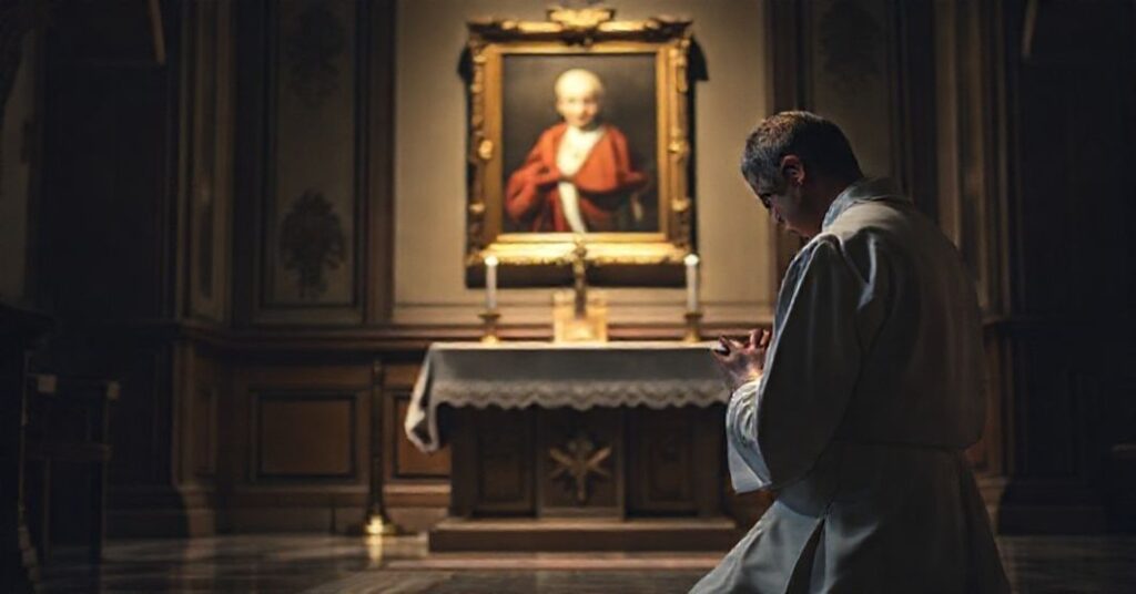 Kneeling priest before tabernacle in traditional chapel with portrait of Pope Pius XI.
