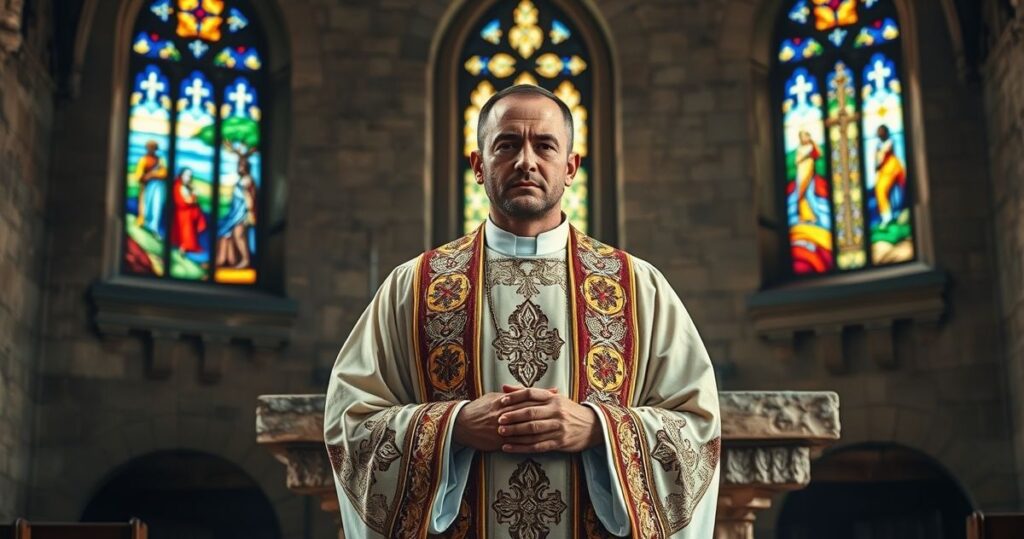 Kapłan katolicki w tradycyjnym stroju, modlący się w starym kościele, symbolizujący duchowe zaniedbanie i konieczność powrotu do prawdy wiary