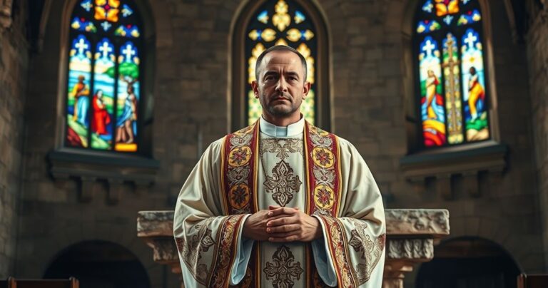 Kapłan katolicki w tradycyjnym stroju, modlący się w starym kościele, symbolizujący duchowe zaniedbanie i konieczność powrotu do prawdy wiary