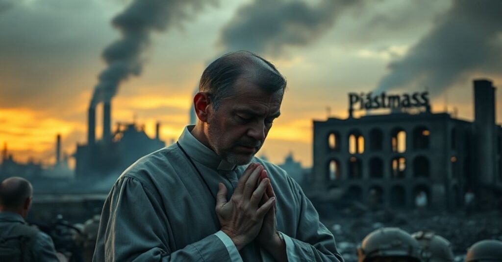 Kapłan modli się przed ruinami fabryki broni Płastmass, symbolizujący moralne konsekwencje wojny z perspektywy katolickiej.