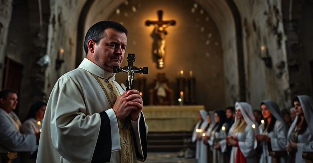 Kapłan w tradycyjnych szatach liturgicznych modłi się przed zniszczonym kościołem na Ukrainie, trzymany krzyż. Scena ilustruje duchowy wymiar wojny i konieczność modlitwy za zmarłych.