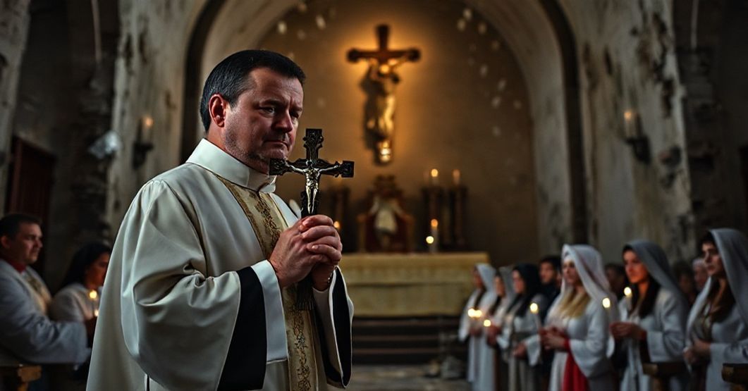 Kapłan w tradycyjnych szatach liturgicznych modłi się przed zniszczonym kościołem na Ukrainie, trzymany krzyż. Scena ilustruje duchowy wymiar wojny i konieczność modlitwy za zmarłych.