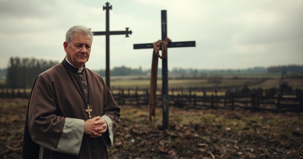 Kapłan modli się przed krzyżem na polach Wołynia w atmosferze żałoby za ofiary ludobójstwa