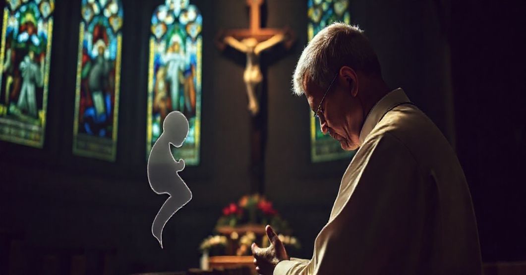 Kneeling priest in a traditional Catholic chapel praying before a crucifix, with a faint outline of an unborn child, symbolizing the sacredness of life and the moral gravity of abortion.