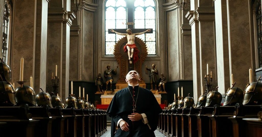 Kneeling Catholic priest in traditional vestments before a crucifix surrounded by historic papal armor in a solemn church setting.