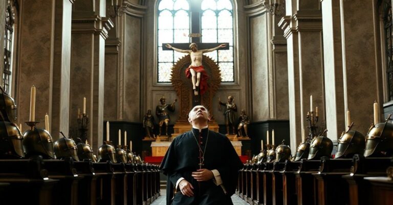Kneeling Catholic priest in traditional vestments before a crucifix surrounded by historic papal armor in a solemn church setting.