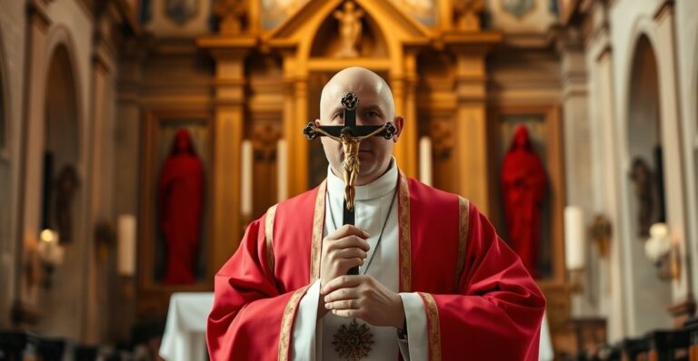 Kapłan katolicki w tradycyjnych szatach przed ołtarzem w kościele, wyraża powagę i wiarę w kontekst tematu życia i moralności