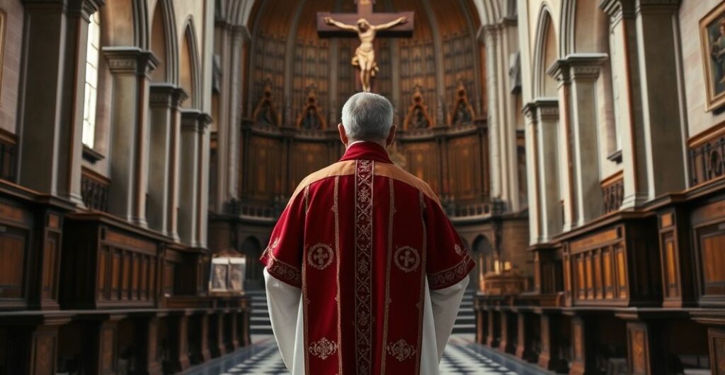 Kapłan katolicki w ornacie, modlący się w sanktuarium, symbolizujący obronę Bożego prawa wobec zagrożeń modernizmu i depopulacji