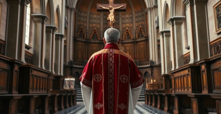 Kapłan katolicki w ornacie, modlący się w sanktuarium, symbolizujący obronę Bożego prawa wobec zagrożeń modernizmu i depopulacji