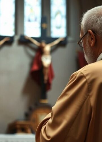 Kapłan modlący się w kościele - duchowa refleksja nad kryzysem moralnym Kapłan modlący się przed krucyfiksem w kościele, ukazujący duchową powagę i pokorę w kontekście kryzysu duchowego i moralnego świata