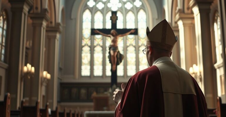 Kapłan modlący się w kościele przed krzyżem w czasie kryzysu duchowego i społecznego, ukazujący pokorę i oddanie wobec Boga