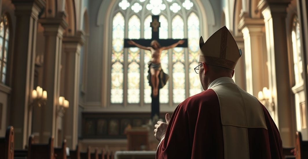 Kapłan modlący się w kościele podczas kryzysu duchowego społeczeństwa Kapłan modlący się w kościele przed krzyżem w czasie kryzysu duchowego i społecznego, ukazujący pokorę i oddanie wobec Boga