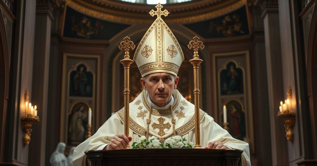 Religijna scena kapłana modlącego się w kaplicy, symbolizująca wierność tradycyjnym wartościom katolickim