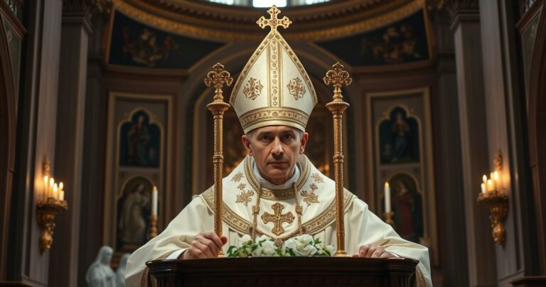Religijna scena kapłana modlącego się w kaplicy, symbolizująca wierność tradycyjnym wartościom katolickim