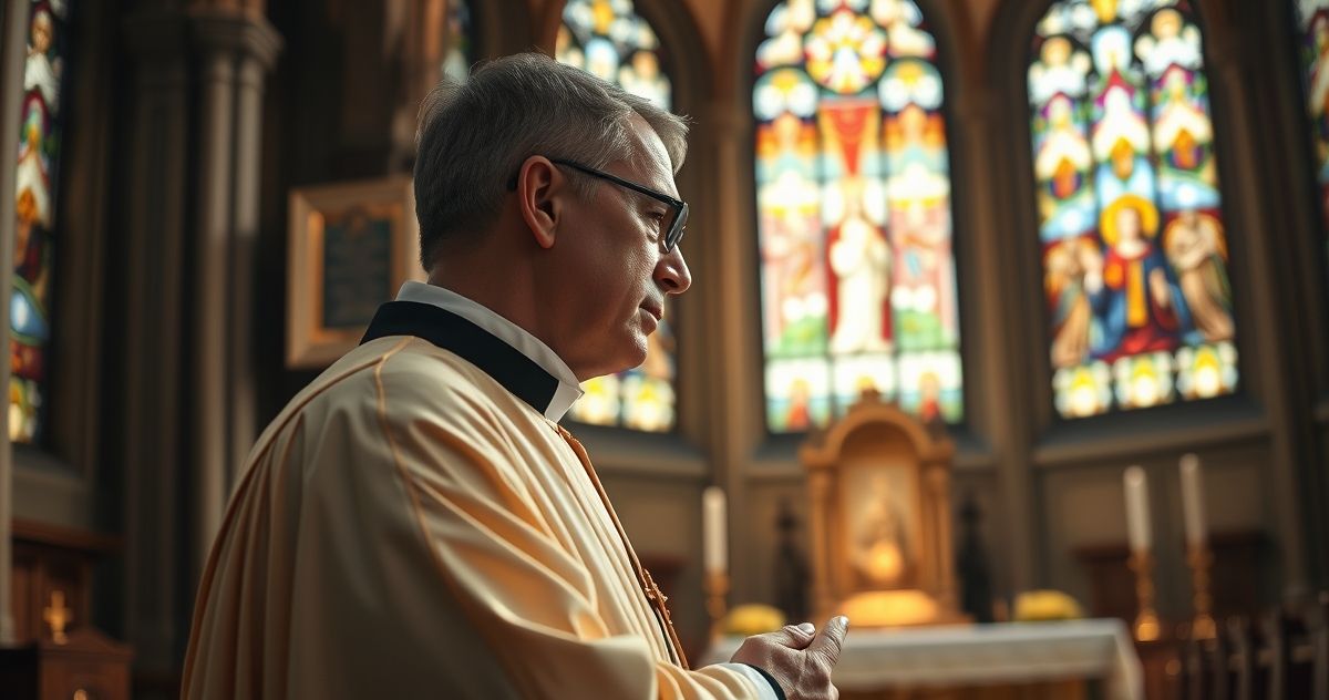Duchowny katolicki modlący się w kościele, symbol wiary i pokory