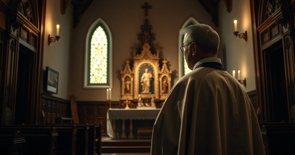 Kapłan katolicki w sutannie modlący się w skromnym kościele, symbolizujący duchową refleksję nad śmiercią i Bożą opatrznością