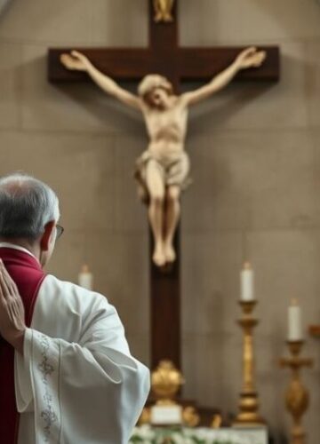 Kapłan modlący się przed krucyfiksem w obliczu zagrożenia duchowego i sekularyzacji Kapłan w tradycyjnych szatach modlący się przy krucyfiksie, symbolizujący walkę duchową i obronę wiary przed sekularyzacją.
